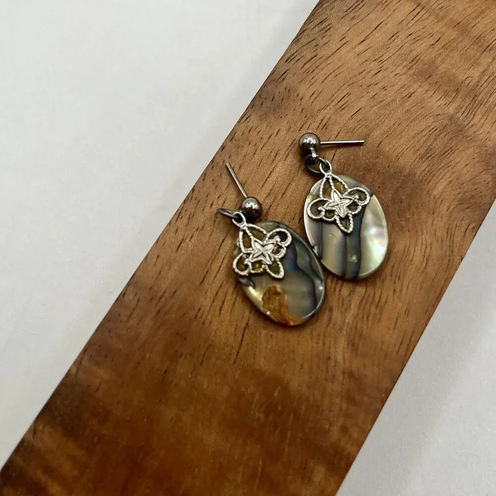 Abalone Shell Dangle Earrings Fleur De Lis Drop Iridescent Boho Coastal Beach